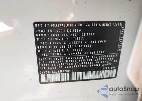 2019 Volkswagen Tiguan 2.0T Se/2.0T Sel/2.0T Sel R-Line/2.0T Sel R-Line Black z USA, uszkodzony, nr VIN 3VV2B7AX3KM070911